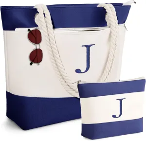 YOOLIFE Beach Bags for Women - Initial Canvas Tote Waterproof Bag with Makeup Bag Gifts for Women Mom Friend Birthday Her