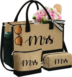 YOOLIFE Mothers Day Gifts - Initial Jute Tote Bag & 2 Makeup Bags Personalized Gifts for Women Teacher Mom Friend Birthday