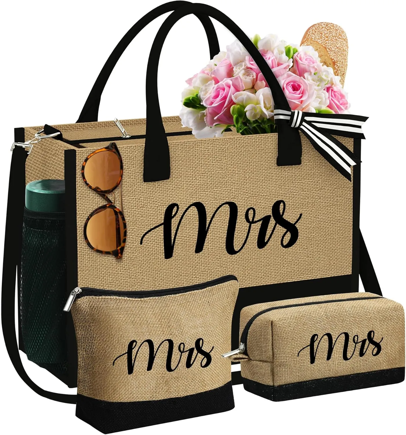 YOOLIFE Mothers Day Gifts - Initial Jute Tote Bag & 2 Makeup Bags Personalized Gifts for Women Teacher Mom Friend Birthday