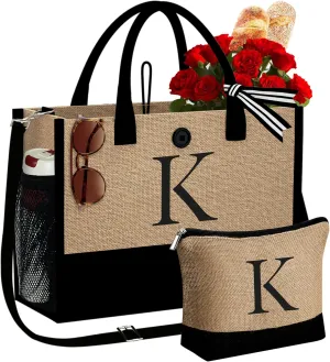 YOOLIFE Mothers Day Gifts - Initial Jute Tote Bag & Makeup Bag, Personalized Gifts for Women Mom Wife Teacher Friend Birthday