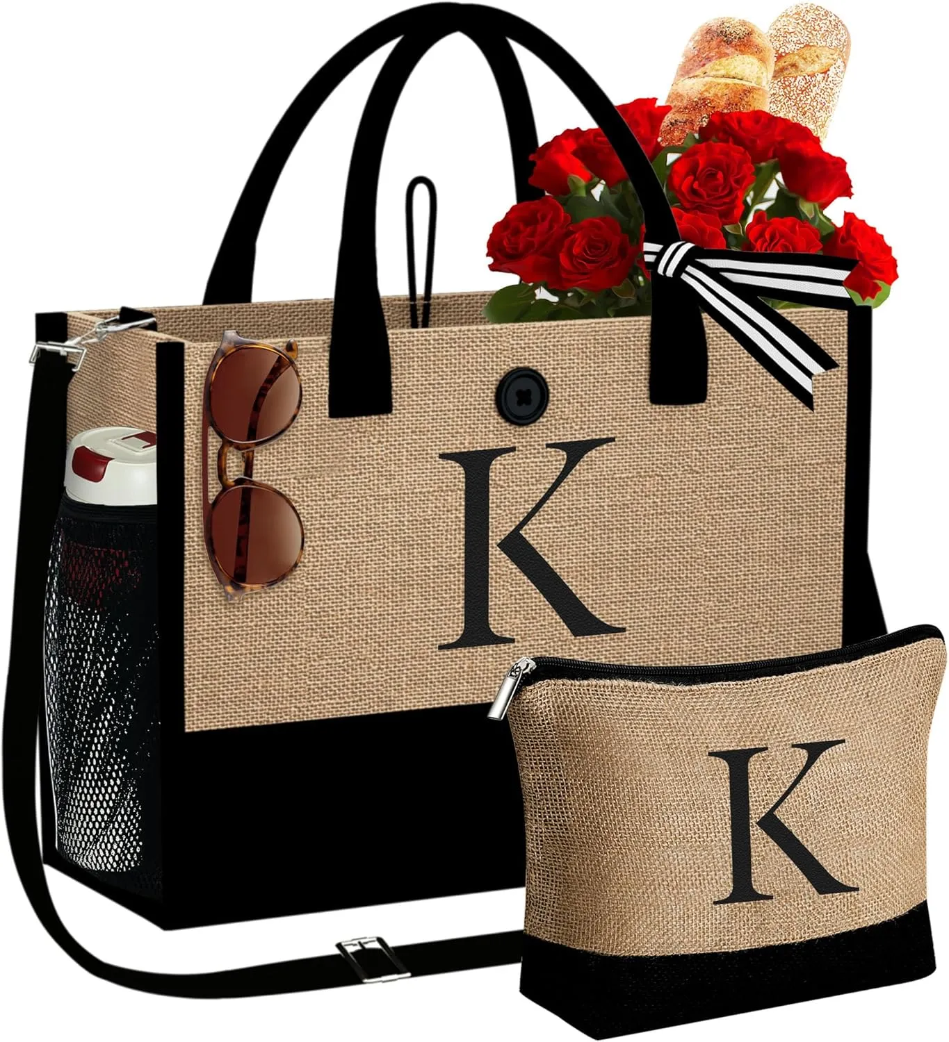 YOOLIFE Mothers Day Gifts - Initial Jute Tote Bag & Makeup Bag, Personalized Gifts for Women Mom Wife Teacher Friend Birthday