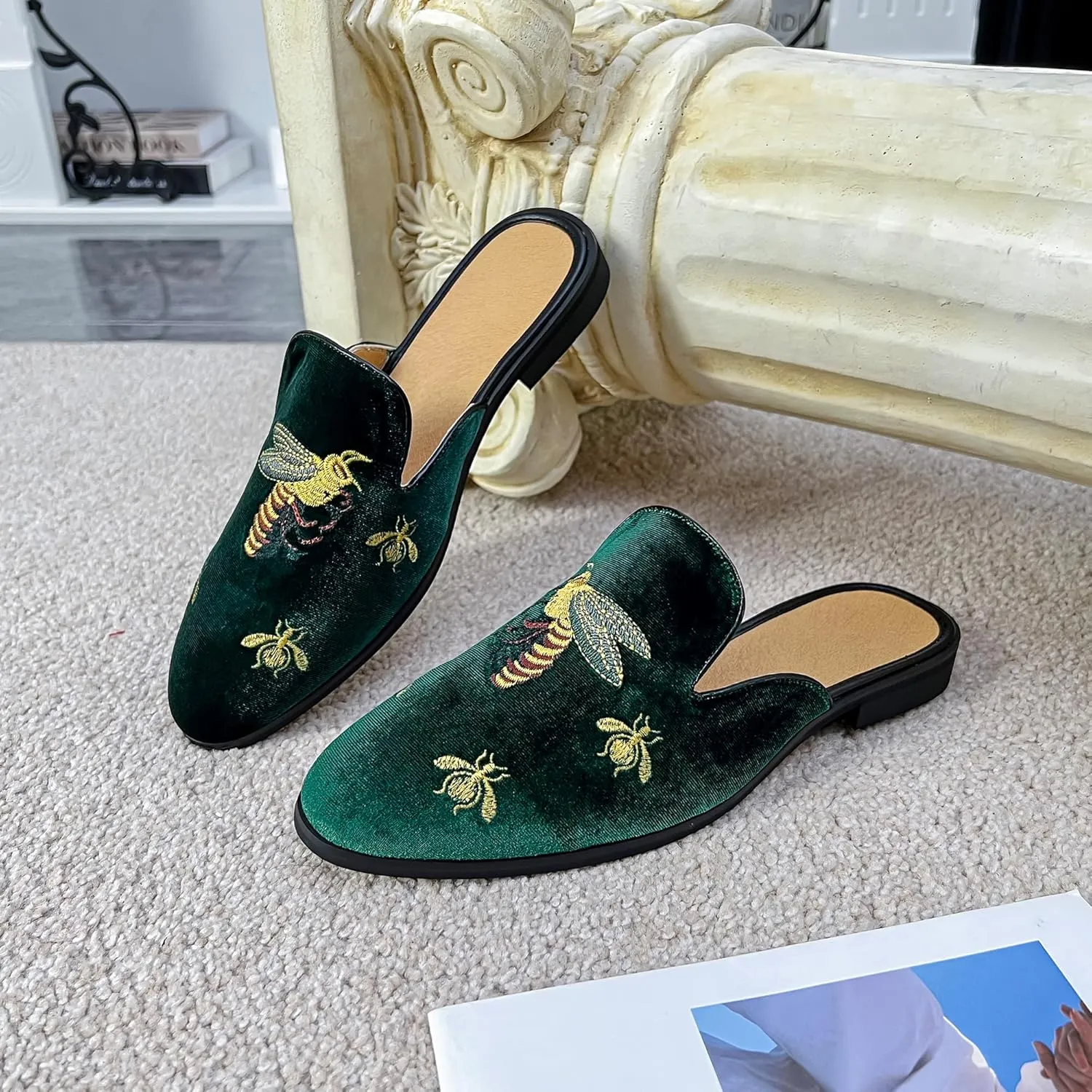 YYQL Mens Slippers with Arch Support Embroidered Leather Sandals for Men Slip On House Shoes with Indoor Outdoor Anti-Skid Rubber Sole Size 7-13