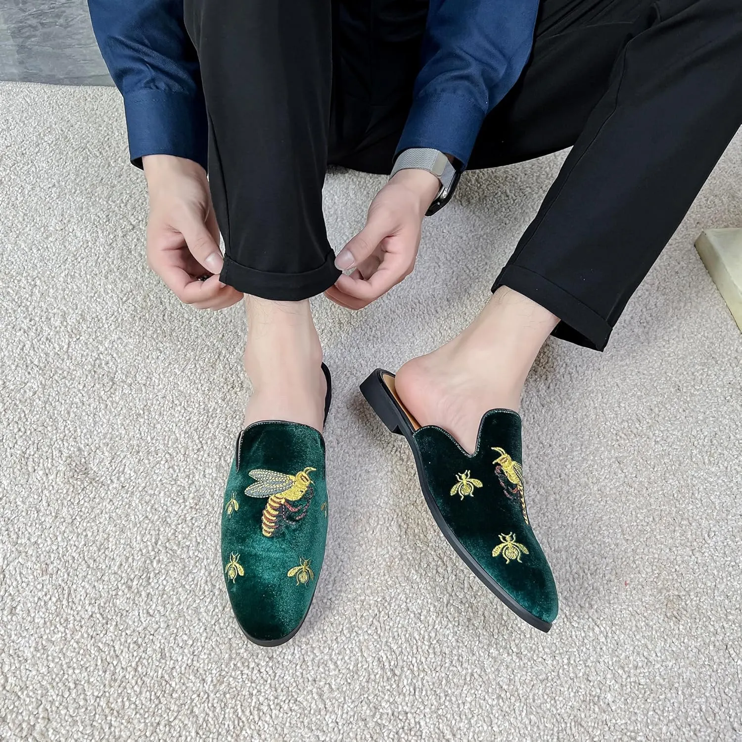 YYQL Mens Slippers with Arch Support Embroidered Leather Sandals for Men Slip On House Shoes with Indoor Outdoor Anti-Skid Rubber Sole Size 7-13