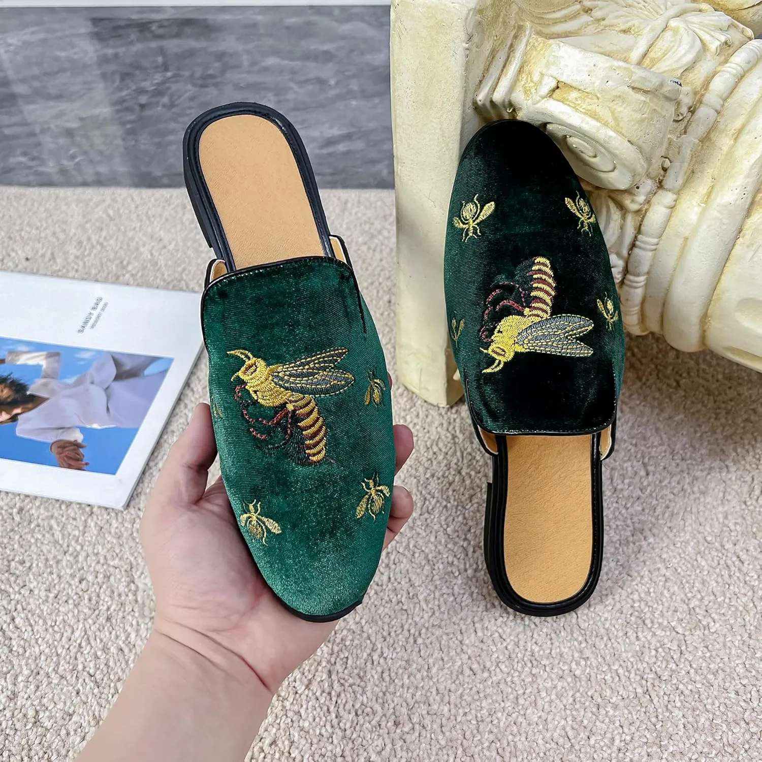 YYQL Mens Slippers with Arch Support Embroidered Leather Sandals for Men Slip On House Shoes with Indoor Outdoor Anti-Skid Rubber Sole Size 7-13