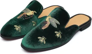 YYQL Mens Slippers with Arch Support Embroidered Leather Sandals for Men Slip On House Shoes with Indoor Outdoor Anti-Skid Rubber Sole Size 7-13