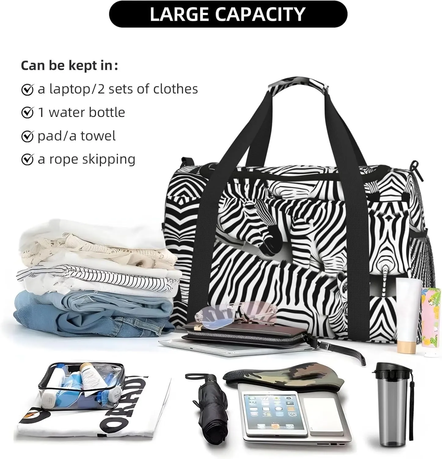 Zebra Travel Bag, Weekender Bags For Women Men For Outdoor Adventures, Ideal For Camping And Hiking