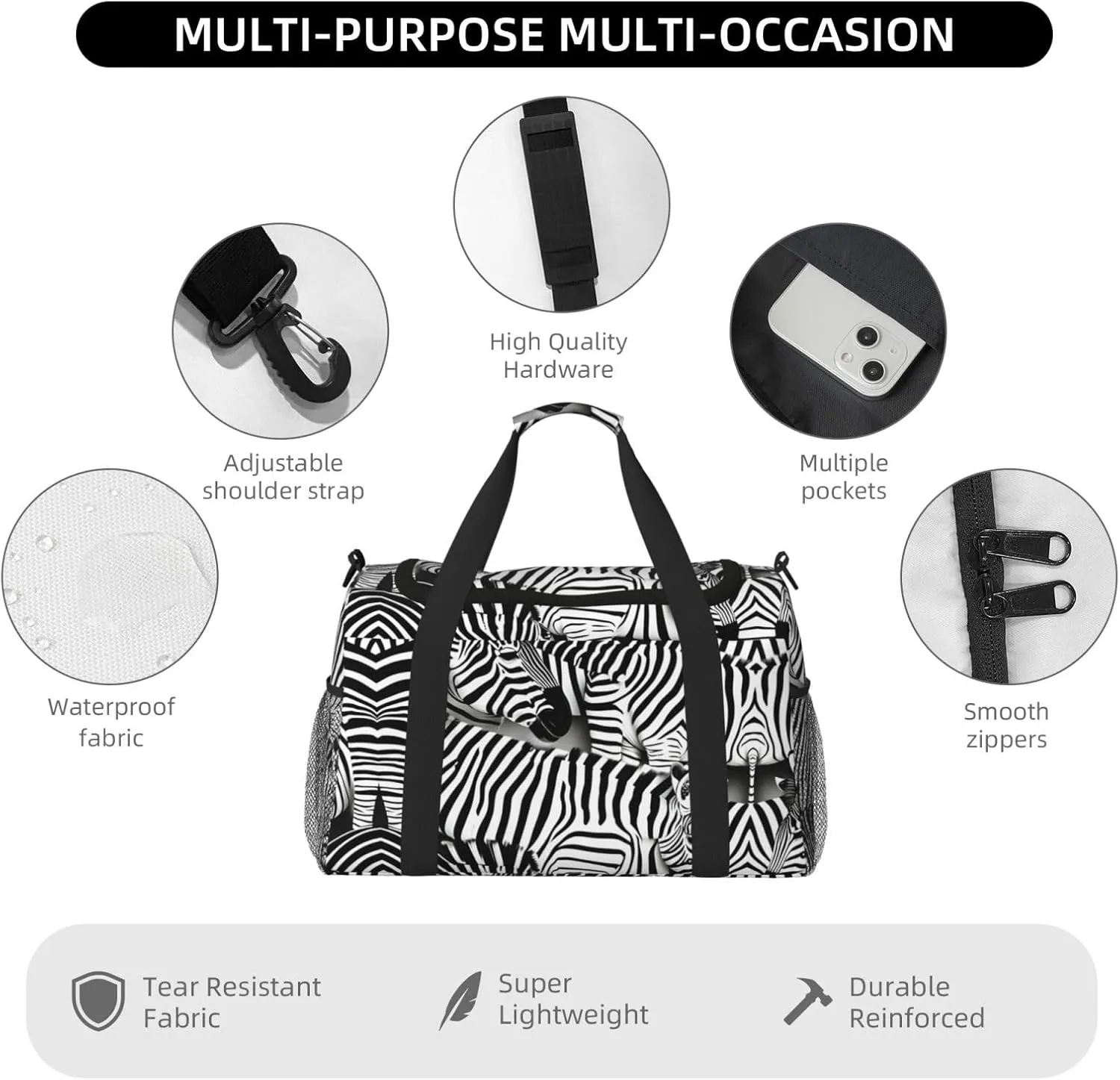 Zebra Travel Bag, Weekender Bags For Women Men For Outdoor Adventures, Ideal For Camping And Hiking