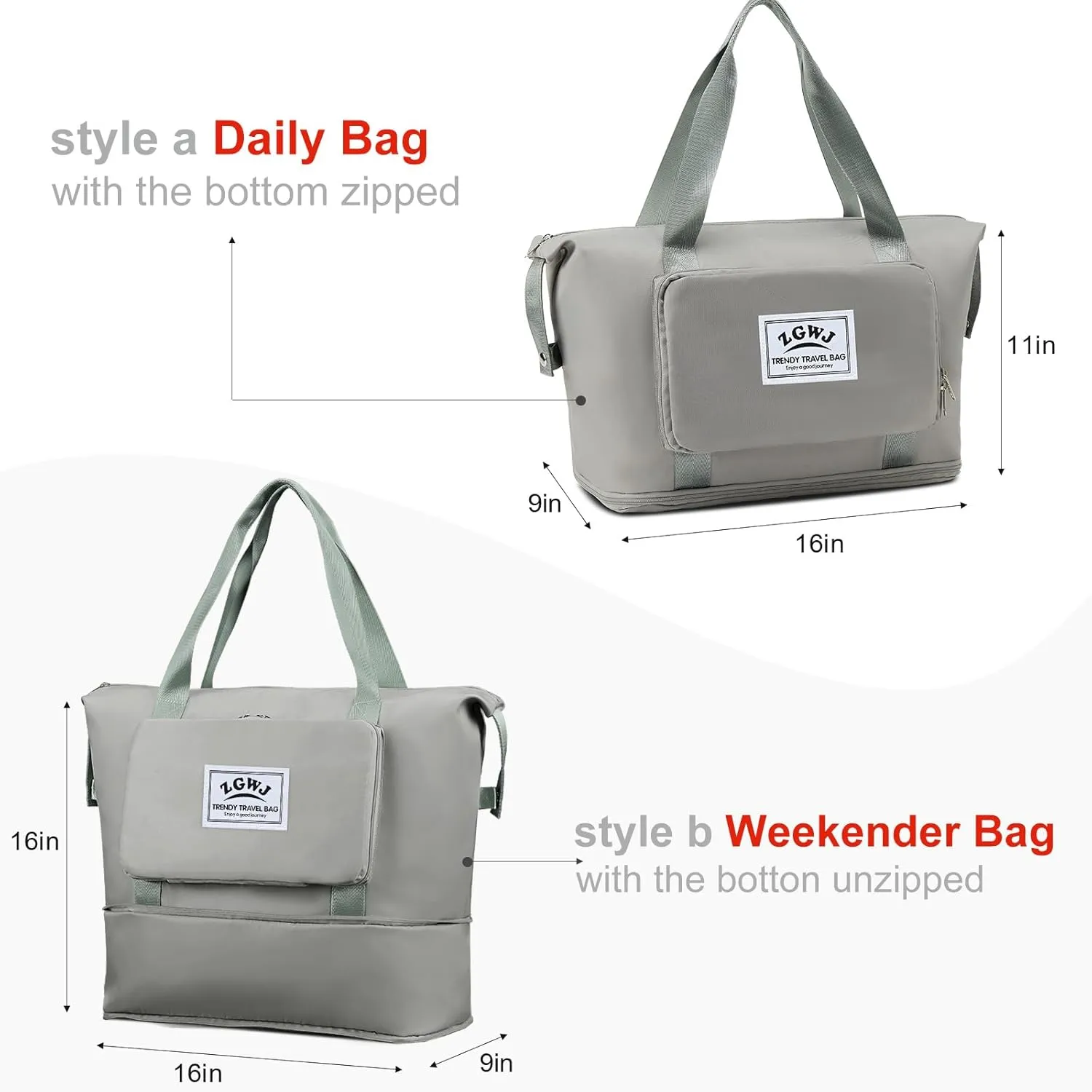ZGWJ Travel Tote Bags, Expandable Overnight Weekender Bag for Women Foldable Carry-On